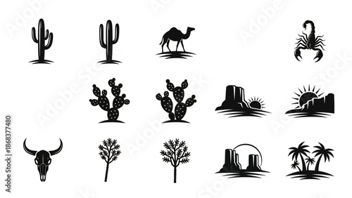 Collection of desert and southwestern themed silhouettes featuring cacti animals and landscapes