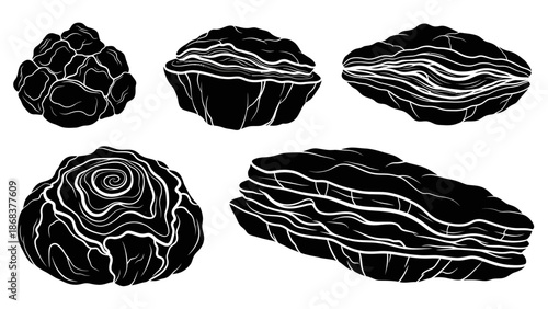 Abstract black and white line art illustrations of different rocks and minerals for design projects