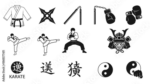 Martial Arts Equipment and Karate Symbols with Training and Practice Icons