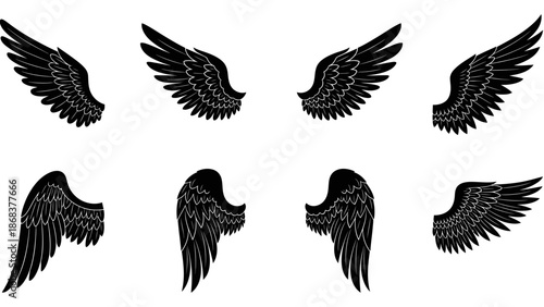 Set of stylized black angel wings illustrations with detailed feather designs for art or design