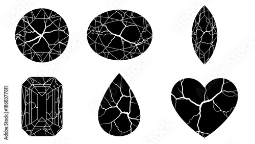 abstract cracked glass patterns in black and white with various shapes and textures for design or