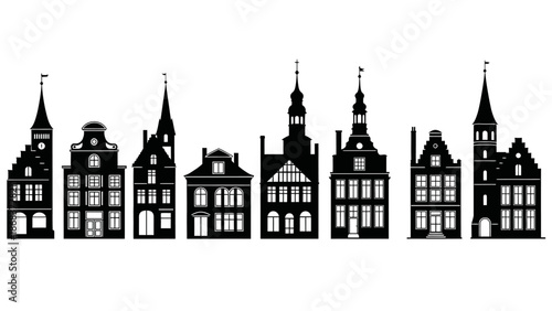 Stylized black and white silhouette of historical European city skyline with diverse architecture