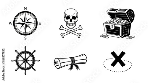 Set of pirate themed symbols including compass skull ship wheel and crossbones
