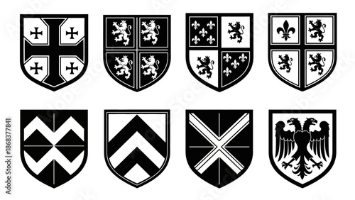 Set of Various Heraldic Shields and Crests in Black and White Illustrations