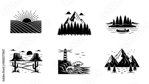 Minimalist Black and White Nature Landscape Icon Set Featuring Mountains Trees Water and Sun