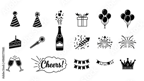 Celebration and Party Icons Collection Featuring Fireworks, Balloons, and Festive Symbols