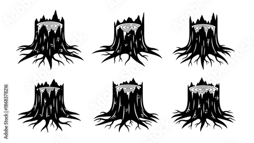 Graphic Illustration of Multiple Tree Stumps with Roots and Growth Rings in a Repetitive Pattern