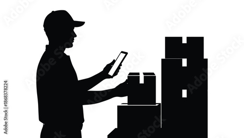 Silhouette of delivery person wearing cap scanning package with handheld device near stacked boxes