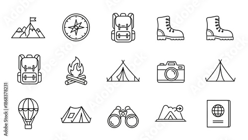 Outdoor adventure and camping icons including backpack tent and camera set against a white