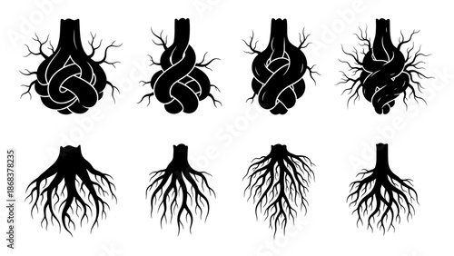 Intricate Tree Root and Heart Tree Symbol Tattoos in Black Silhouette Style