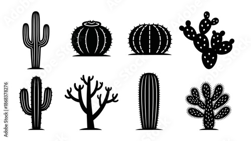 Collection of Various Desert Cacti in Silhouette Style Illustrations for Botanical Art Design