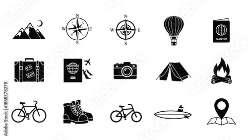Collection of travel and adventure icons including mountain, compass, passport, tent, bike,