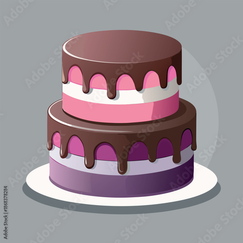 Cake illustration with chocolate, strawberry drip, and layered design.