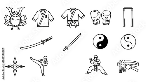 Line Art Illustration of Martial Arts and Karate Equipment with a Traditional Sword and Yin-Yang