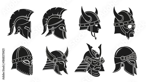 Collection of diverse ancient warrior helmets and armor inspired by historical styles