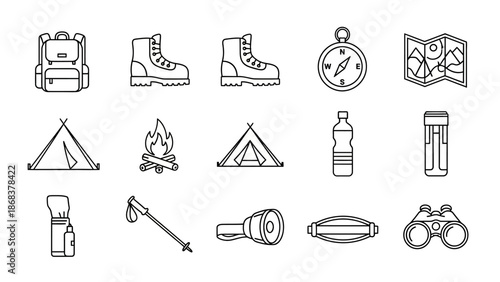 Line Art Camping and Hiking Equipment Icons for Outdoor Adventure Illustrations