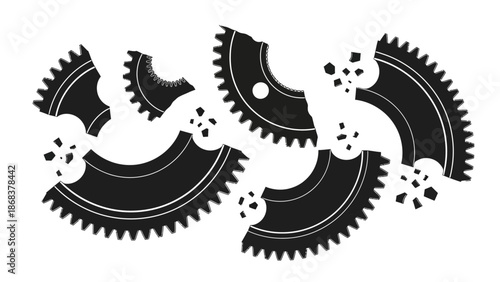 Broken gear mechanical components in black and white digital illustration