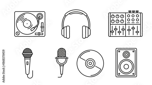 Set of minimalistic line art musical instruments audio equipment and accessories illustration
