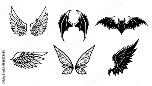 Collection of Black and White Winged and Bat Creatures Illustrations in Various Styles