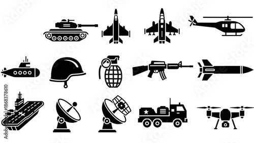 Military and aviation icons collection featuring tanks fighter jets helicopters and communication