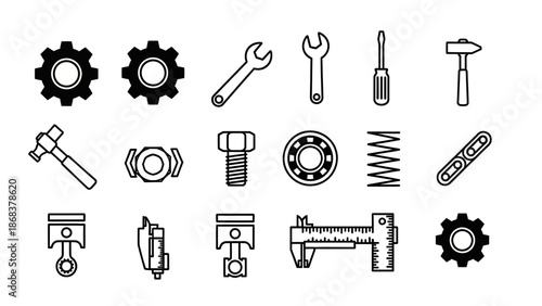 Set of black and white icons representing various mechanical and engineering tools and components