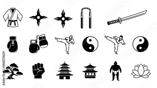 Martial arts and traditional weapons icons with cultural symbols and minimalist style illustration