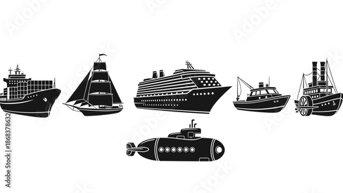 Diverse Maritime Vessels Including Ships Submarine and Yacht in Silhouette Illustration