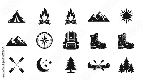 set of camping icons including tents fires mountains and outdoor equipment for adventure activities