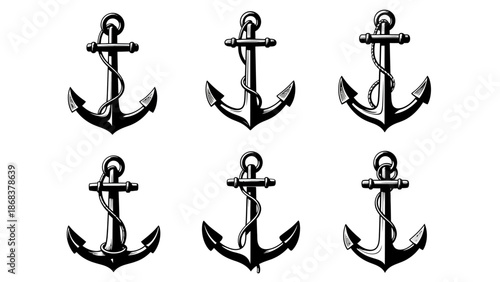 Multiple black and white anchor illustrations arranged in a grid pattern showcasing different