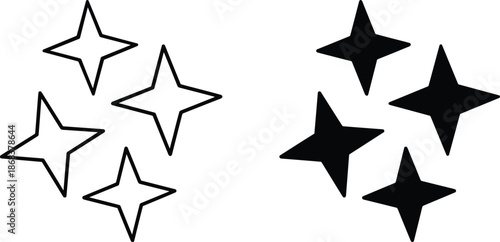 Abstract four pointed star sparkle icons set in outline and solid style, decorative twinkle symbol isolated on white