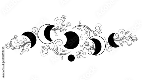 Elegant black and white moon phases with floral accents creating a mystical design