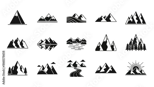 Set of minimalist mountain icon illustrations in black and white style