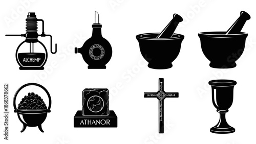 Collection of black and white illustrations of traditional ritual items and tools for spiritual