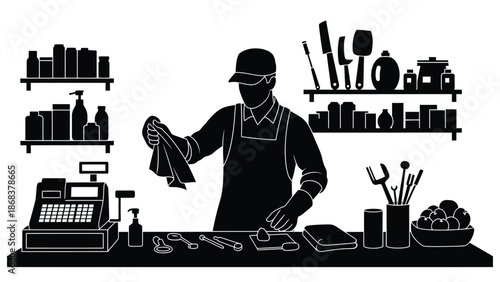 Store clerk in apron cleaning surface preparing for customer transactions at the checkout counter