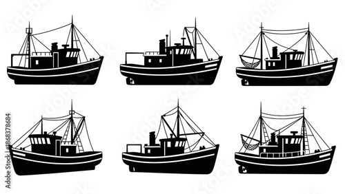 Set of six black and white silhouette illustrations of various fishing boats with detailed rigging