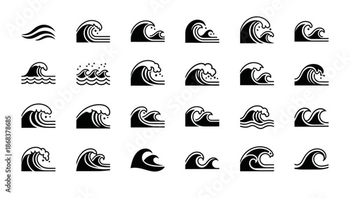 Collection of 20 minimalist black and white wave and water icon illustrations for design projects