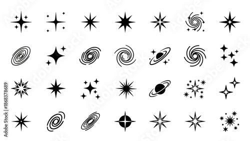 Collection of Various Star and Galaxy Symbols for Space-Themed Design Projects