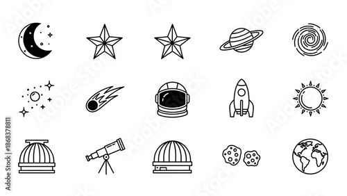 Collection of Space and Astronomy Icons Including Celestial Bodies and Telescopes