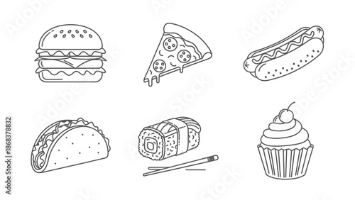 Simple Line Drawings of Various Food Items Including Burgers Pizza Hot Dog Sushi Cupcake