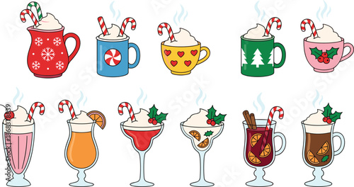 Christmas and winter hot drinks illustration set, festive mugs with candy canes, whipped cream, holiday beverage vector icons