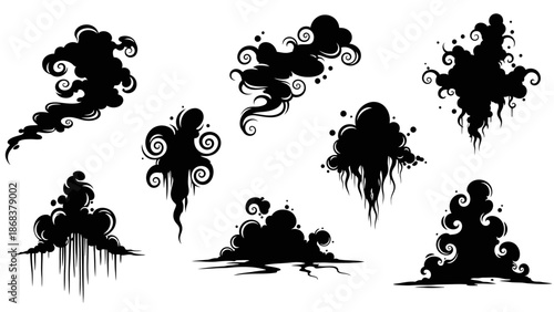 Collection of Various Black Smoke and Cloud Silhouettes Illustrating Different Cloud Forms and