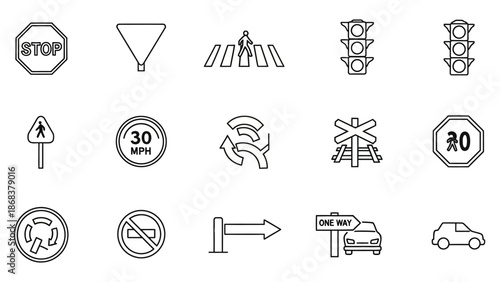 Collection of Traffic and Road Sign Icons for Urban Transportation Systems Usage