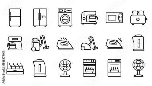Illustration of various household appliances including refrigerator washing machine and microwave