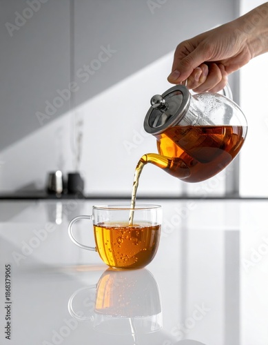 Close Up Of Hand Pouring Amber Colored Tea From A Clear Glass Teapot Into A Clear Glass Cup In A Bright Modern Kitchen Setting With Soft Natural Light Creating Shadows On The Countertop
