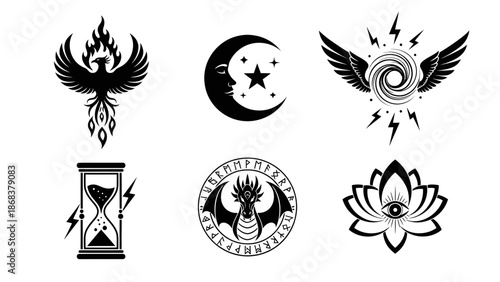 Set of mystical and symbolic black and white tattoo-style icons representing spiritual themes and