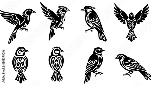 Collection of stylized black and white bird illustrations showcasing various postures and wing