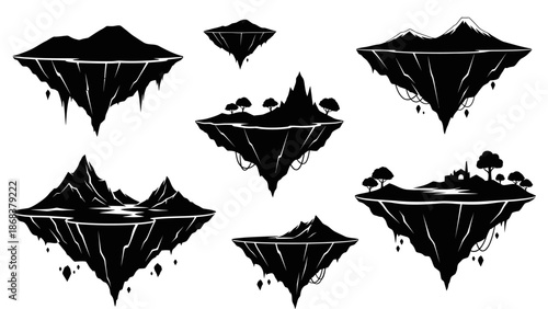 Collection of floating islands with varying terrain and trees in silhouette style