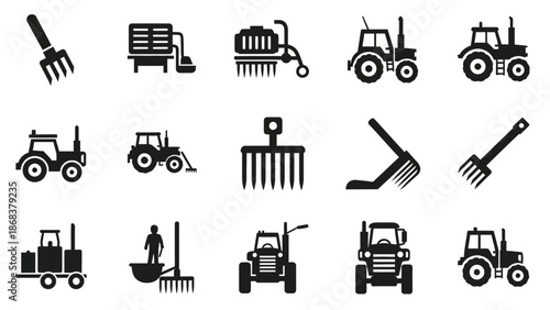 Collection of agricultural machinery and farming tools icons in black silhouette style