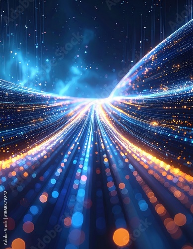 Abstract Digital Highway With Blue And Orange Lights Streaks And Particles Flowing Into Distant Horizon Under Cosmic Nebula Sky