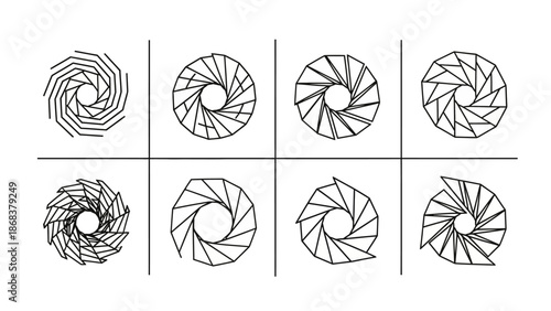 Abstract Spiral Geometric Line Art Design Featuring Eight Unique Patterns in a Grid Layout